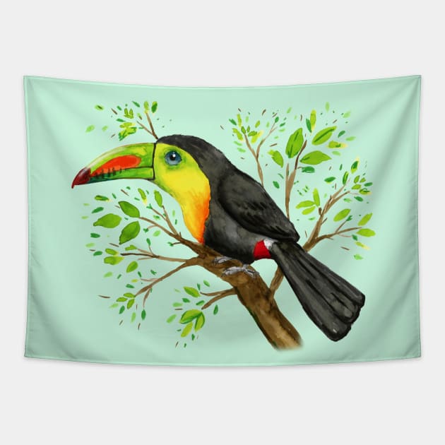 A watercolor drawing of a keel-billed toucan Tapestry by Bwiselizzy