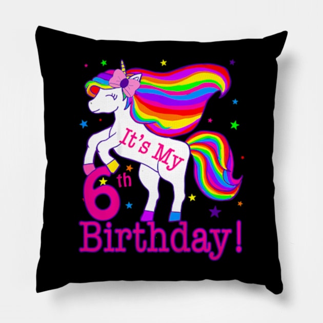 Kids Its My 6Th Birthday Rainbow Star Unicorn 6 Year Old Girls Pillow by MaciGalloway3