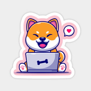 Cute Shiba Inu Dog Working On Laptop Cartoon Magnet