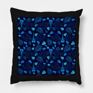 Bright Blue Dragonfly and Leaf Pattern on Blue Pillow