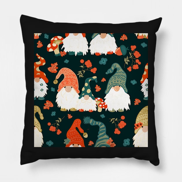 Autumn Gnomes with Long White Beards and Knitted Hats on Forest Green Background Pillow by NattyDesigns