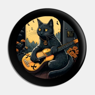 Alone Cool Black Cat Playing Guitar Bass - Love Cats Pin