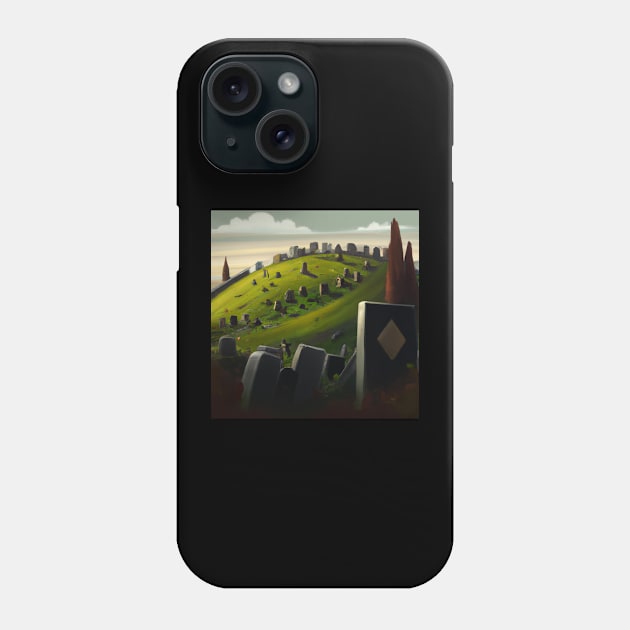 Cemetery Graveyard Headstones Green Hills Painting Digital Artwork Phone Case by DesignIndex