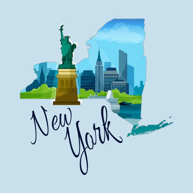 New York City Skyline, Statue of Liberty in New York state map, USA by Mashmosh