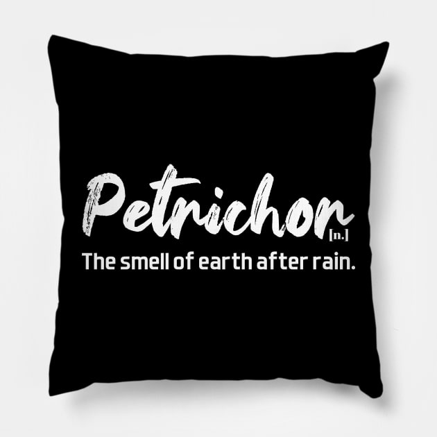 Petrichor definition - white text Pillow by NotesNwords