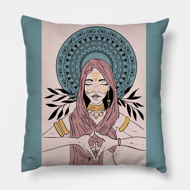 indian woman mandala shamanic Pillow by Viki Gera