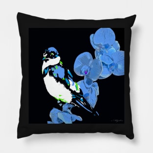 MIDNIGHT BLUE ORCHID AND BIRD Pillow