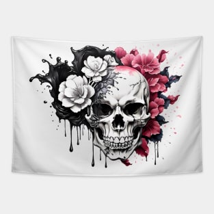 Skull and flowers Ink Dripping Effect Tapestry