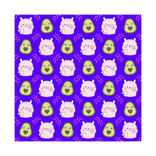 Cute sweet adorable little Kawaii pink baby bunnies with a yellow tea cup cartoon, yummy happy funny green avocados midnight blue fruity summer pattern design. T-Shirt