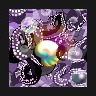 Purple and black octopus tentacles iridescent seashell rainbow bubble shimmer T-Shirt