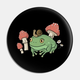 A Cute Cottagecore Aesthetic with a Frog Wearing a Snail Hat and Mushroom Pin