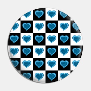 Blue watercolor hearts black and white checkered pattern Pin