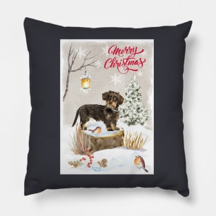 Wire Haired Dachshund Dog Merry Christmas Pillow