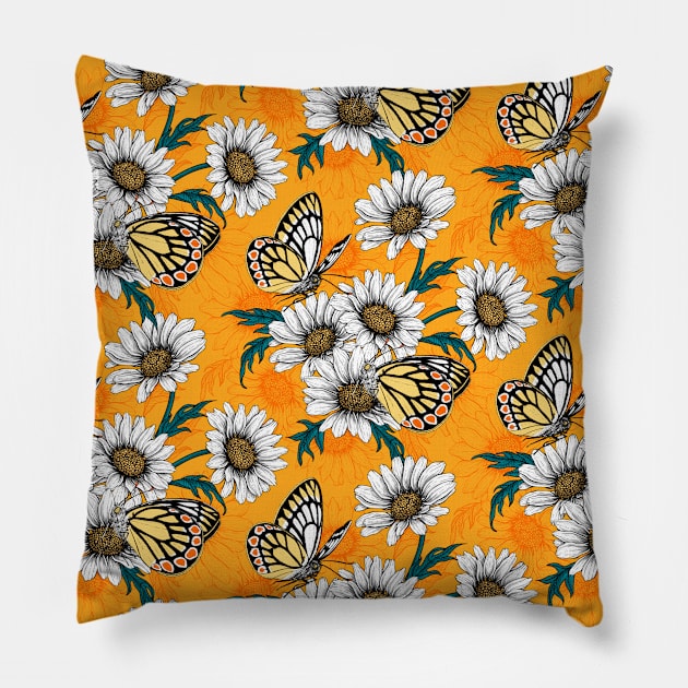 Jezebel butterflies and daisy flowers on orange Pillow by katerinamk