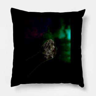 Digital collage and special processing. Hand pointing to some mystic castle. So beautiful. Very dark. Green. Pillow