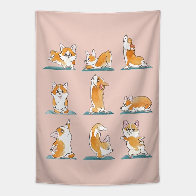 Corgi Yoga Watercolor Tapestry by huebucket