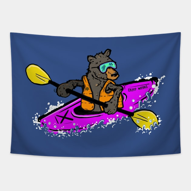 Black bear kayaking the Russian River, Bear in a Kayak Tapestry by maroonbeard