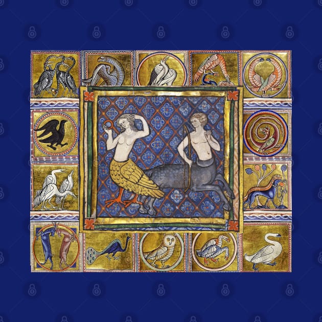 MEDIEVAL BESTIARY,HARPY AND CENTAUR, FANTASTIC ANIMALS IN GOLD RED BLUE COLORS by BulganLumini