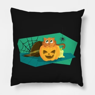 Cat in Fear on Pumpkin Halloween design Pillow