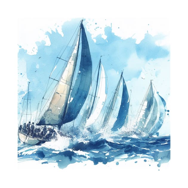 Artist illustration of sailboats racing, in blue hues by WelshDesigns