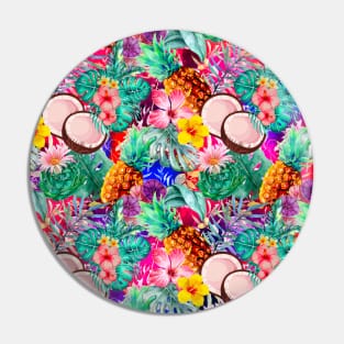 tropical pineapple exotic botanical illustration with floral tropical fruits, exotic flowers, coconuts, hot pink and purple fruit pattern over a Pin