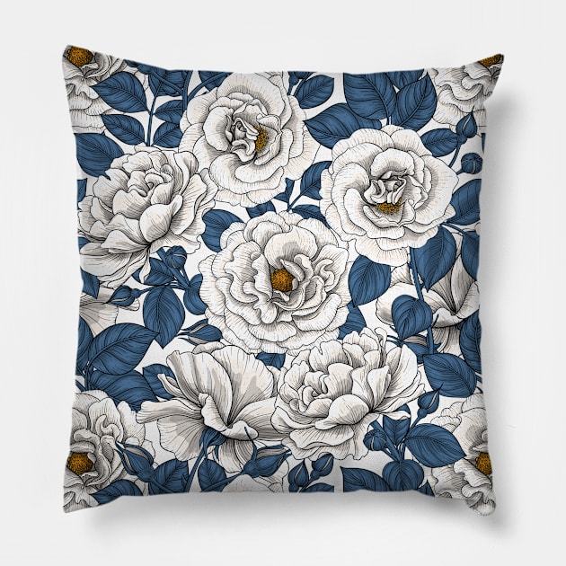 White roses with blue leaves on white Pillow by katerinamk