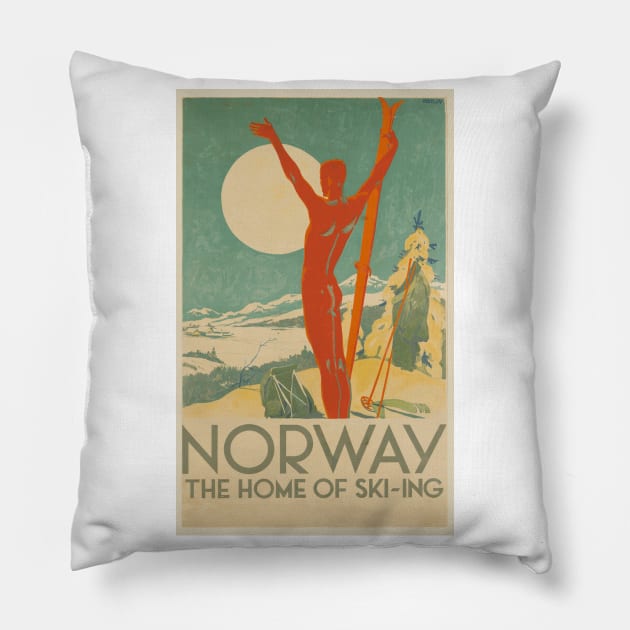 Norway, the Home of Ski-ing - Vintage Travel Poster Design Pillow by Naves