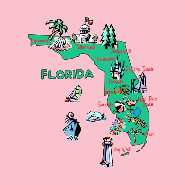 Hand Drawn Illustration of Florida Map with Tourist Destinations, USA by Mashmosh