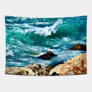 Turquoise Waves and Rocky Cliffs Tapestry