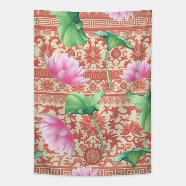 Hong Kong Lotus Pink and Green with Floral Pastel Pattern Tapestry by CRAFTY BITCH