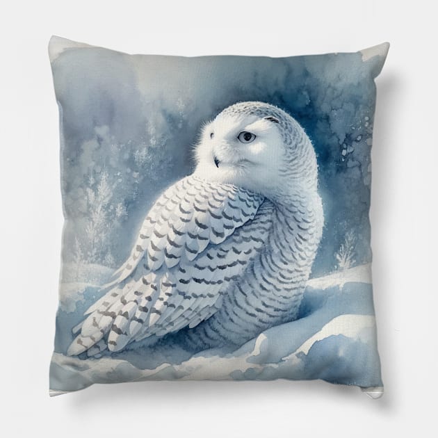 Silent Vigil: Majestic Snowy Owl Watercolor Pillow by Aquarelle Impressions