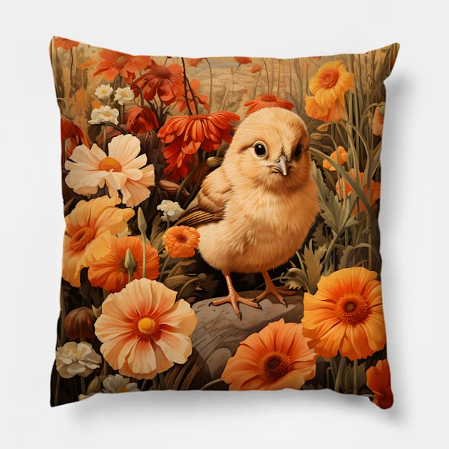 Retro Vintage Art Style Baby Chick in Field of Wild Flowers - Whimsical Farm Pillow by The Whimsical Homestead