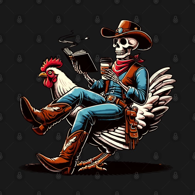 Cowboy Skeleton Reading Book And Drinking Coffee With A Chicken by VisionDesigner