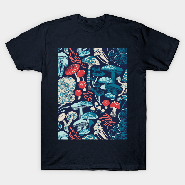 Mystical fungi // midnight blue background aqua teal coral and red wild mushrooms - Mushroom - T-Shirt