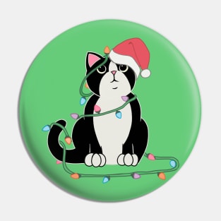 Tuxedo Cat Christmas lights funny cat lover xmas hat Pin