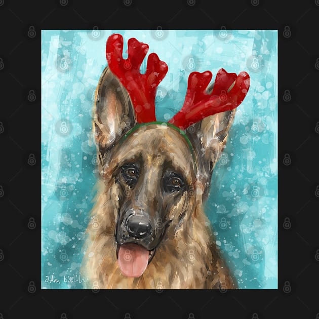 Painting of a German Shepherd With Red Reindeer Antlers by ibadishi