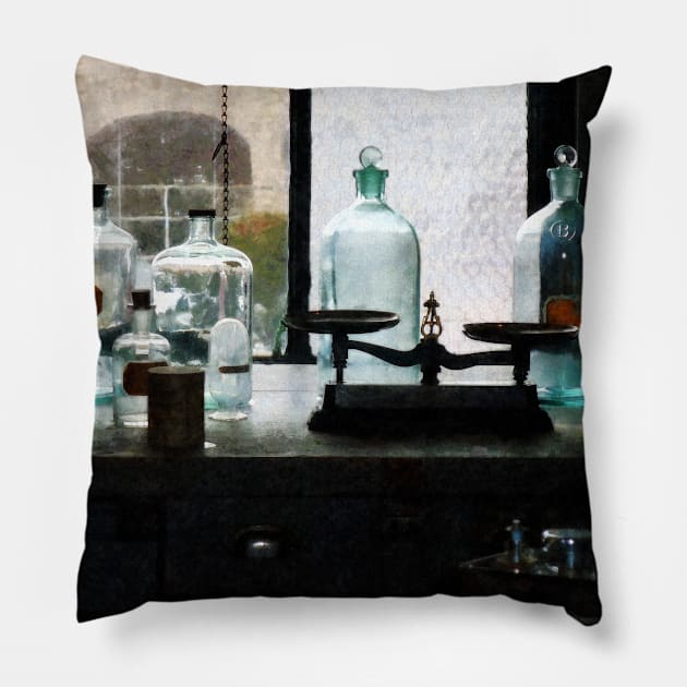 Chemists - Balance and Bottles in Chem Lab Pillow by SusanSavad