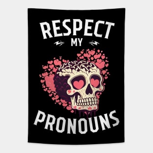 Respect my Pronouns, skull with pink hearts Tapestry