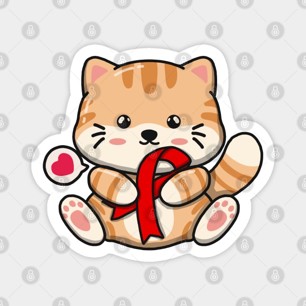 Cute Cat Holding Red Ribbon Magnet by Luna Illustration