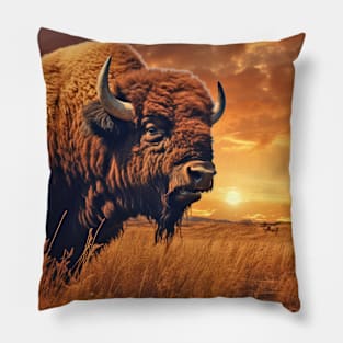 Buffalo Bison Animal Wildlife Wilderness Colorful Realistic Illustration Pillow