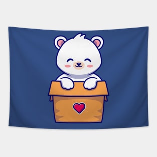 Cute Polar Bear Playing In Box Cartoon Tapestry