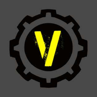 Yellow Letter V in a Black Industrial Cog T-Shirt