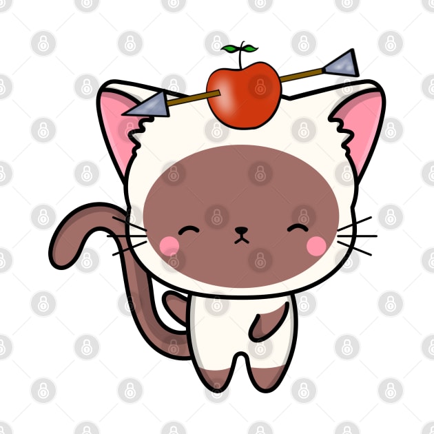 Funny White cat is playing william tell with an apple and arrow by Pet Station