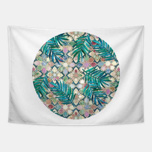 Muted Moroccan Mosaic Tiles with Palm Leaves Tapestry by micklyn