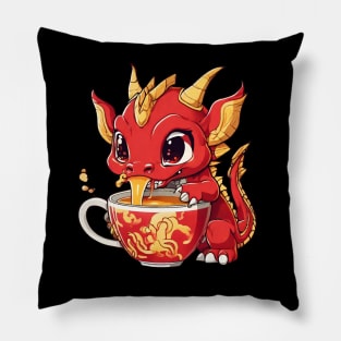 Red and Gold Dragon Sipping Tea Pillow