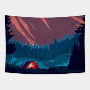 Isometric vaporwave camp in forest and mountains landscape Tapestry