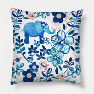 Blush Pink, White and Blue Elephant and Floral Watercolor Pattern Pillow