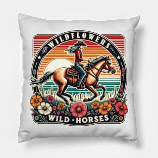 Wildflowers & Wild Horses Retro Western Cowgirl Riding Horse Pillow