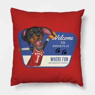 Fun Doxie Dog with Basketball Welcome to Doxieville Pillow