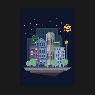 Cityscape City Under Polyhedral Dice Moon T-Shirt